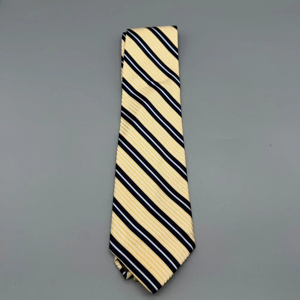 Studio‎ Milan Mens Silk Tie Yellow Navy Blue White Striped Made in USA Classic